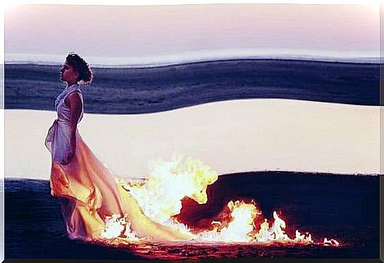 woman with dress on fire symbolizing phrases about anger