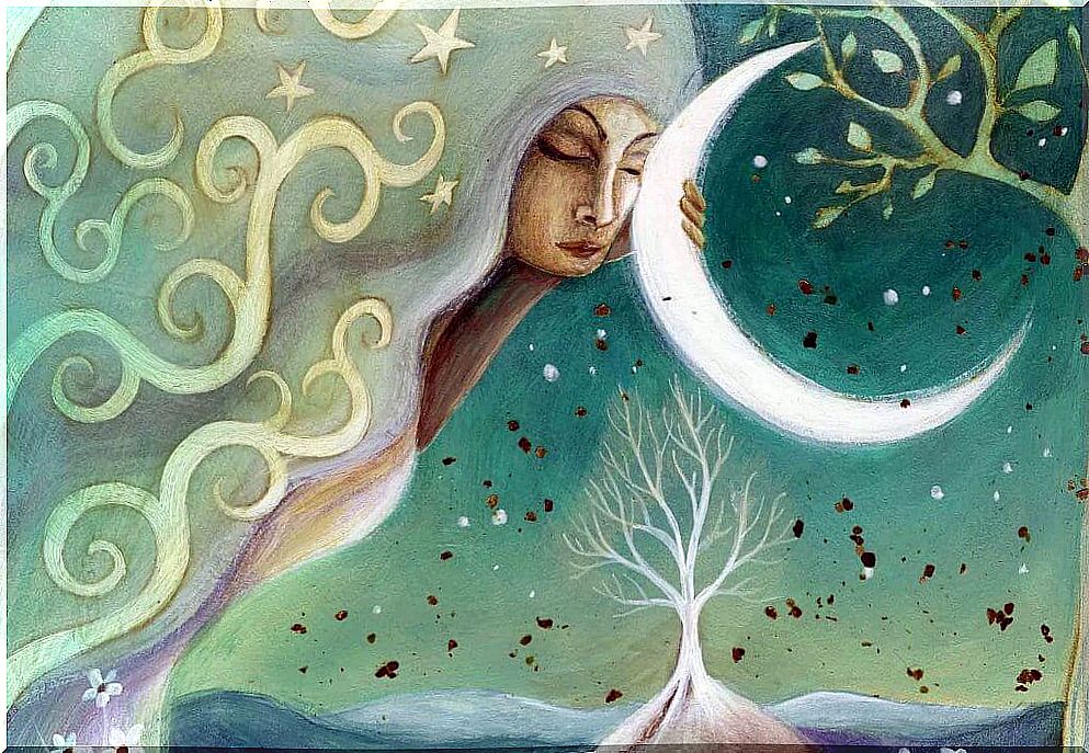 Woman clinging to the moon