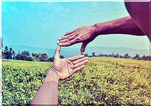 Hands forming a square selecting a part of a landscape