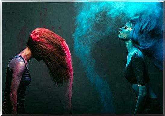 girl with red hair and girl with blue hair thinking that she doesn't need to prove anything to anyone