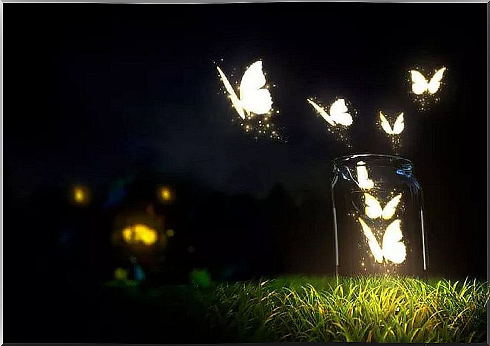 Butterflies coming out of a glass jar